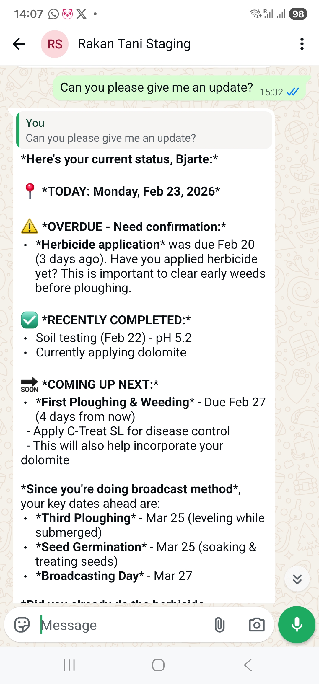 Rakan Tani Status Update Screen